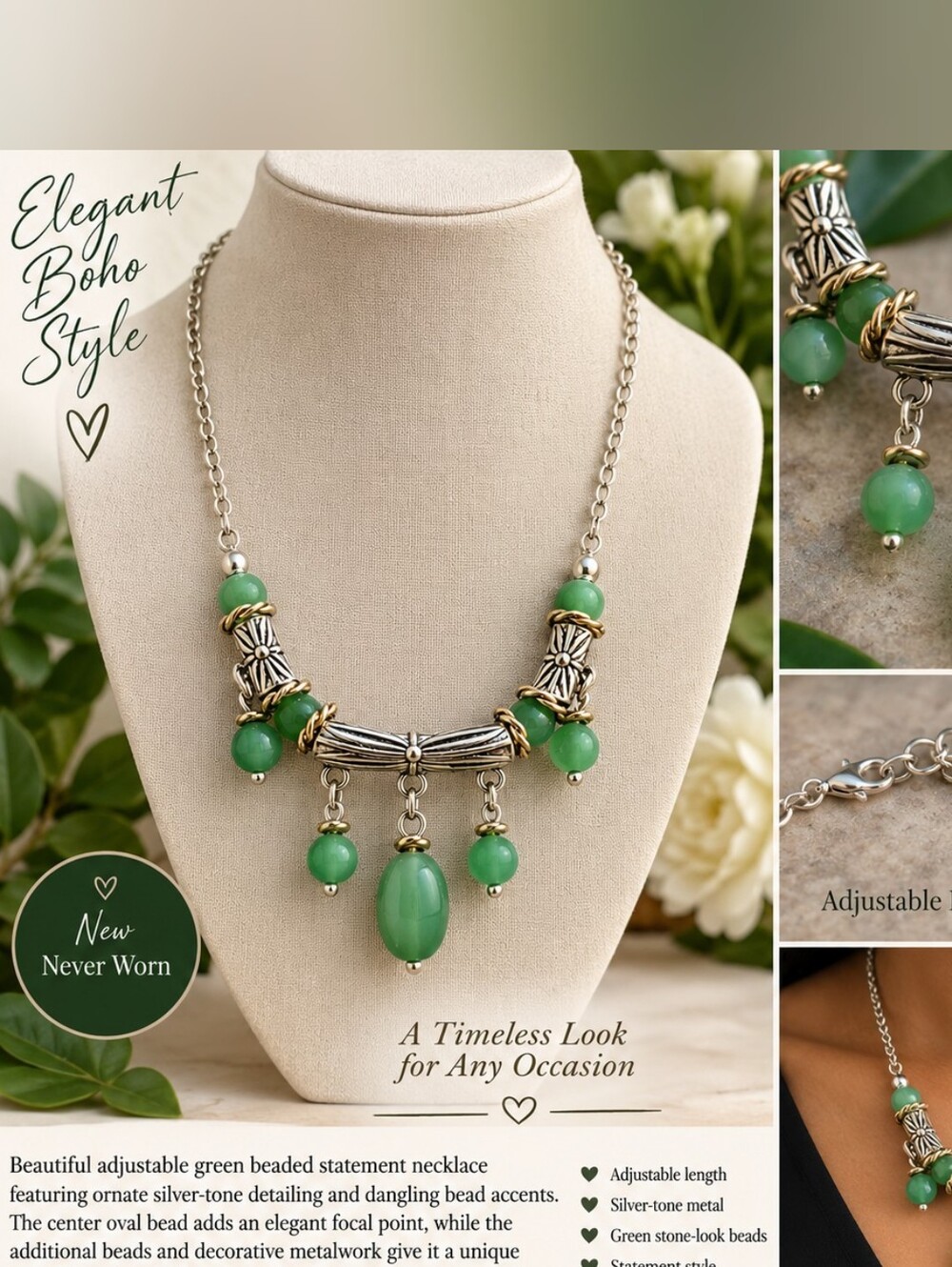 Green Beaded Statement Necklace - Elegant Boho Style